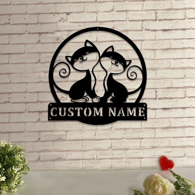 Couple Cat Funny Personalized Metal Sign Monogram Metal Wall Decor Vintage Couple Cat Wall Hanging Anniversary Decor Cat Lovers Gift 2