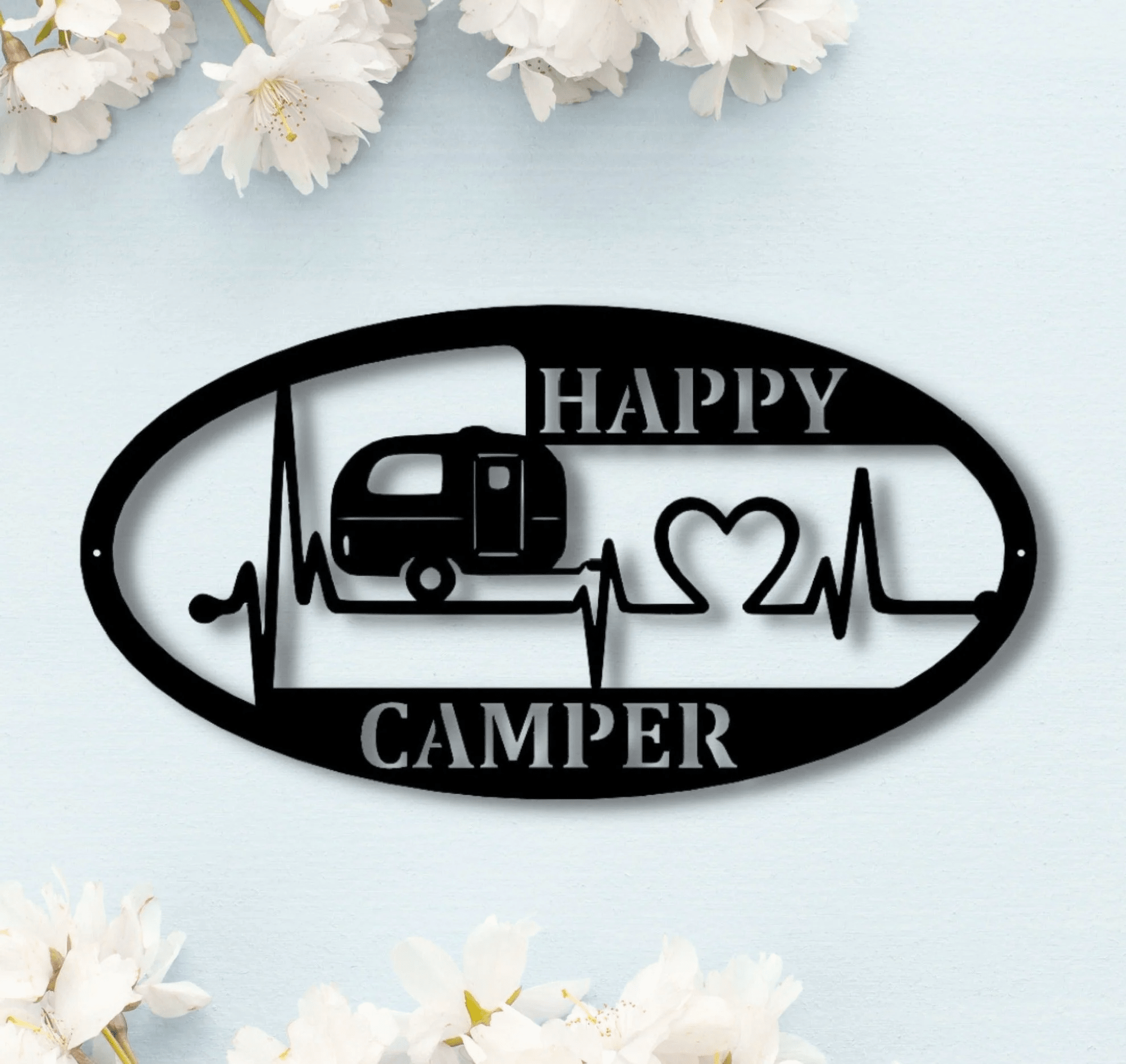 Happy Camper Metal Decor Camping Metal Sign Cottage Decoration Outdoor Metal Art Camping Trailer Sign Heart Beat Art 1