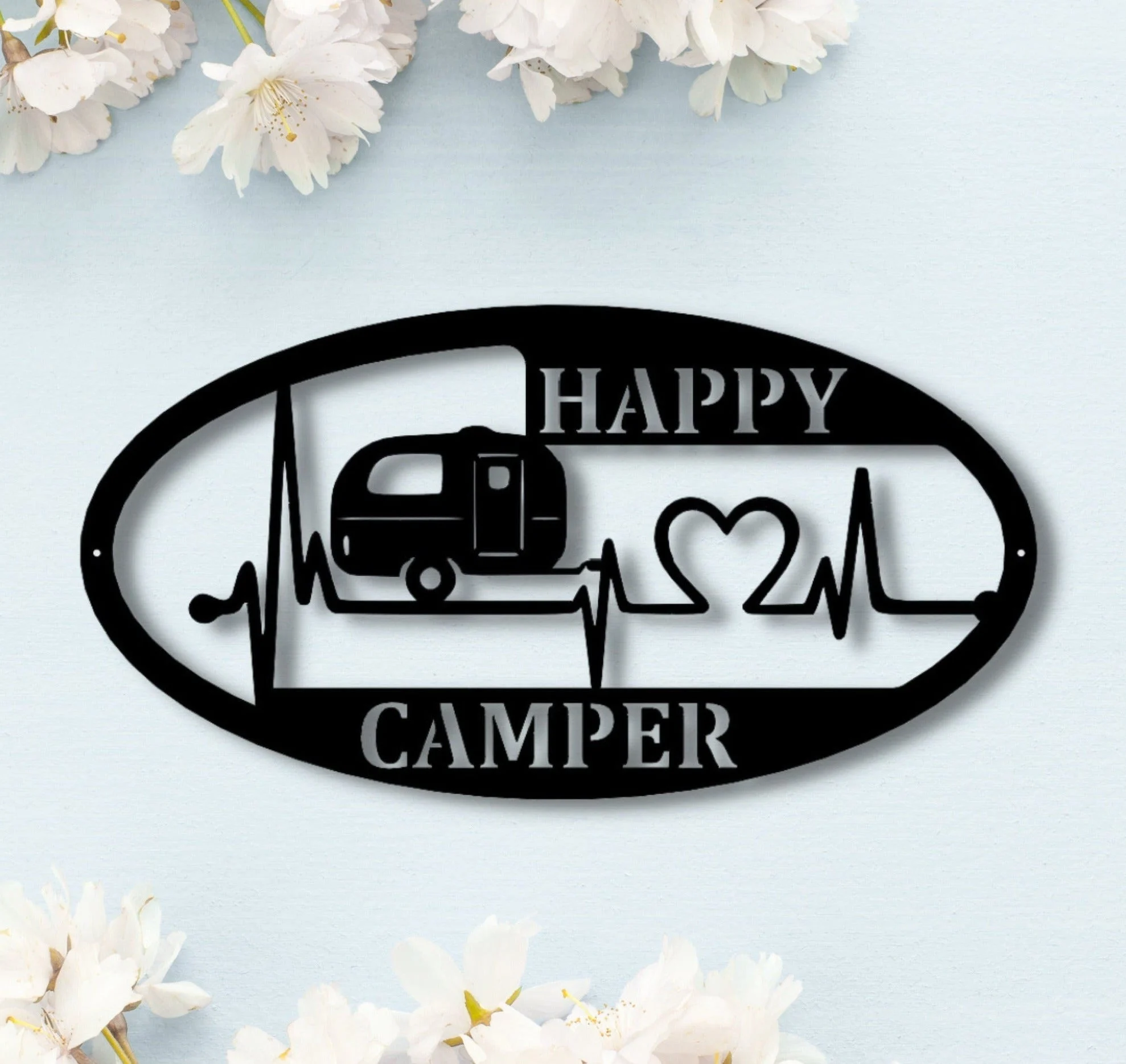 Happy Camper Metal Decor Camping Metal Sign Cottage Decoration Outdoor Metal Art Camping Trailer Sign Heart Beat Art Oval Shaped Decor 1