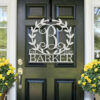 Leafy Border Last Name Monogram Custom Name Metal Sign Framed Family Initial Letter Door Sign Hanger 2